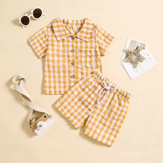 Kids Short Sleeve Plaid Shirt Two-piece Set