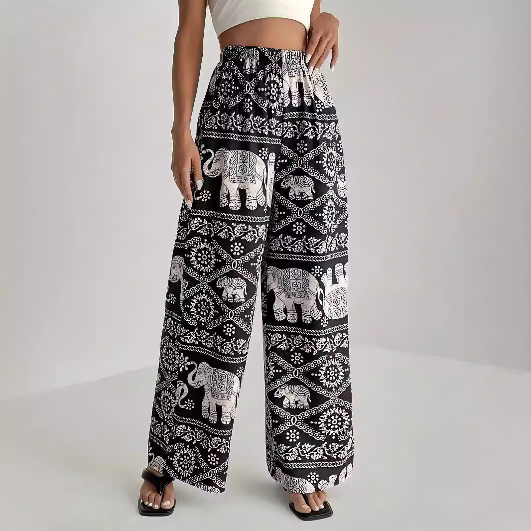 Pantalon large imprimé taille haute élastique pour femme
