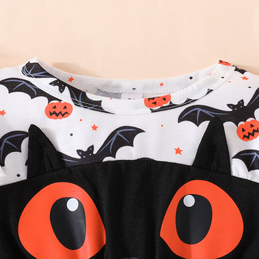 Halloween Girls' Bat Print Dress Long Sleeve Tulle Princess Dress Party Performance Outfit