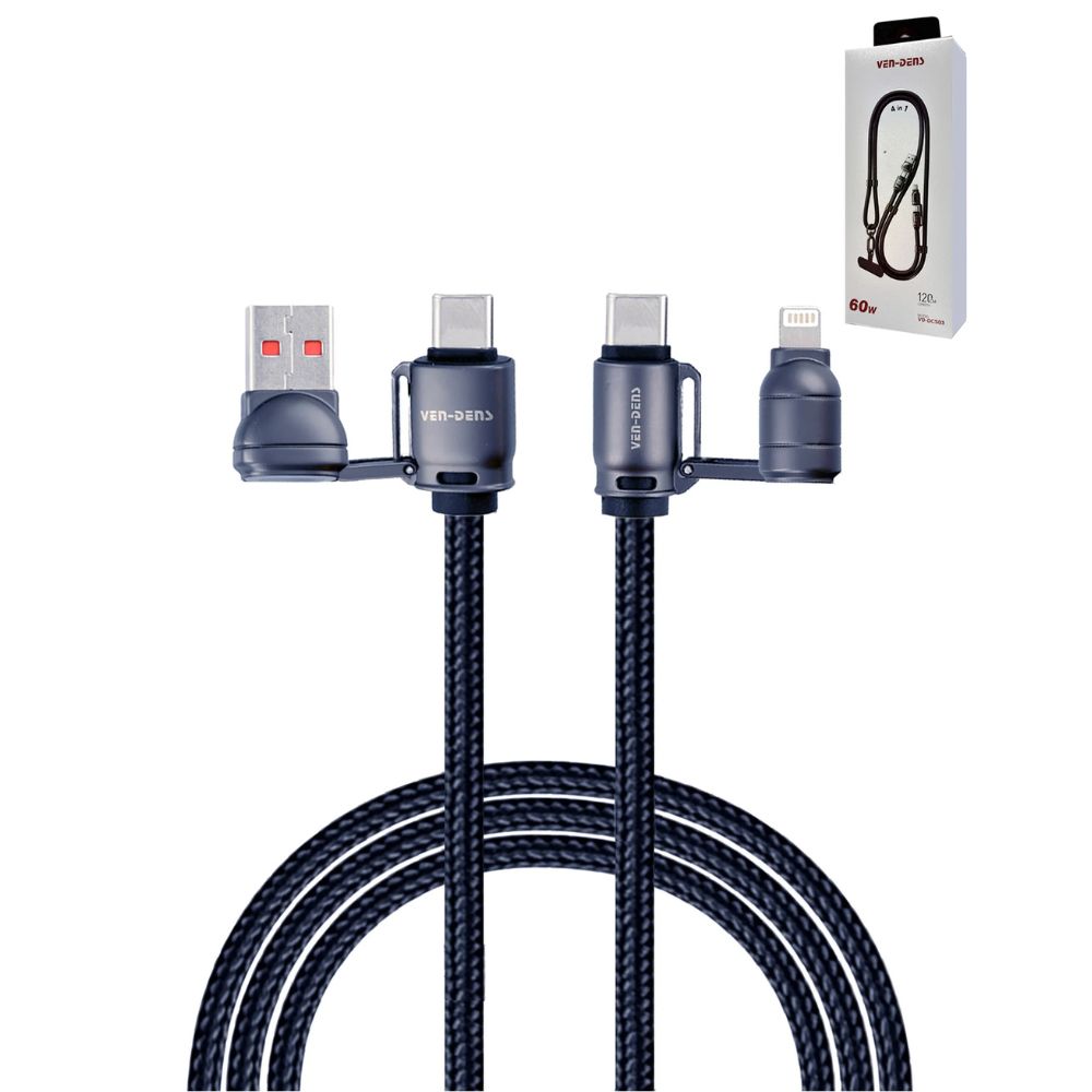 4 in 1 Multi Fast Charging Cable 60w - USB A/C to Lightning & USB C - 1.2m (VD-DCS03)