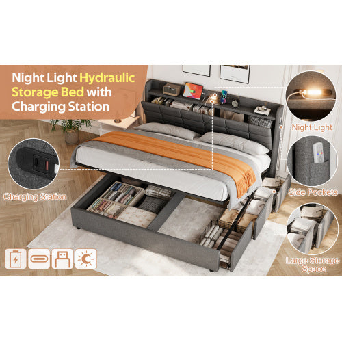 5ft King Bed Frame With Hydraulic Storage, Linen Upholstered Bed With Concealed Headboard Storage And Drawers, Button Tufted Headboard With Charging Station And LED Night Light, Grey