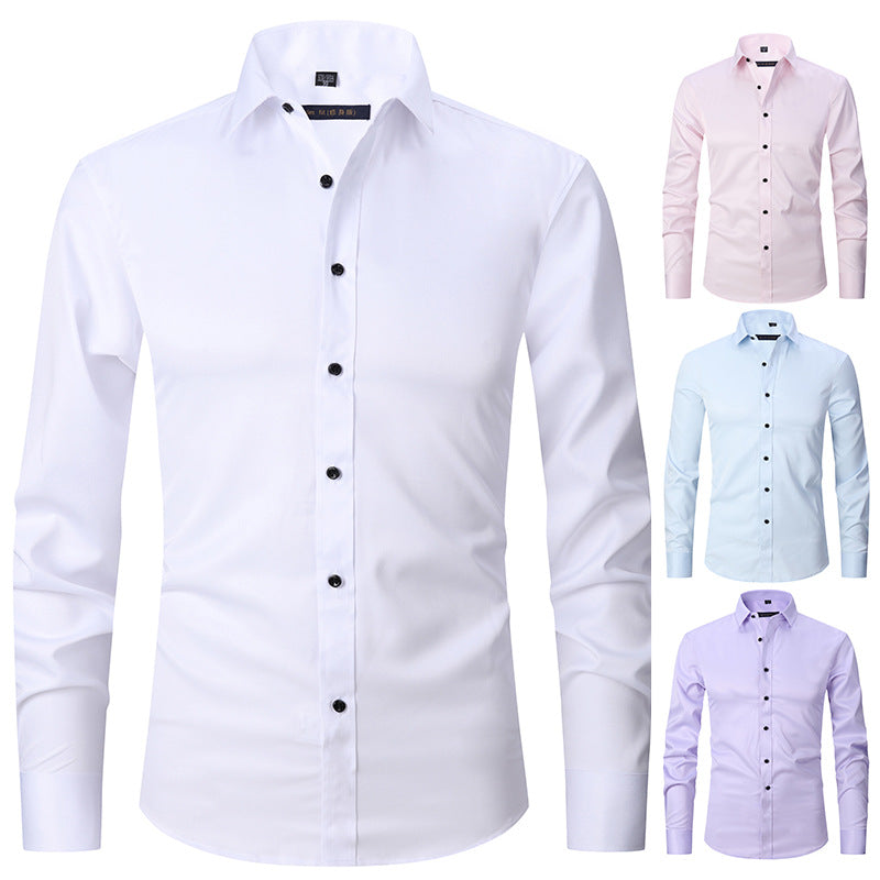 Men's Long-sleeved Fashion Top Slim Solid Color Stretch Shirt