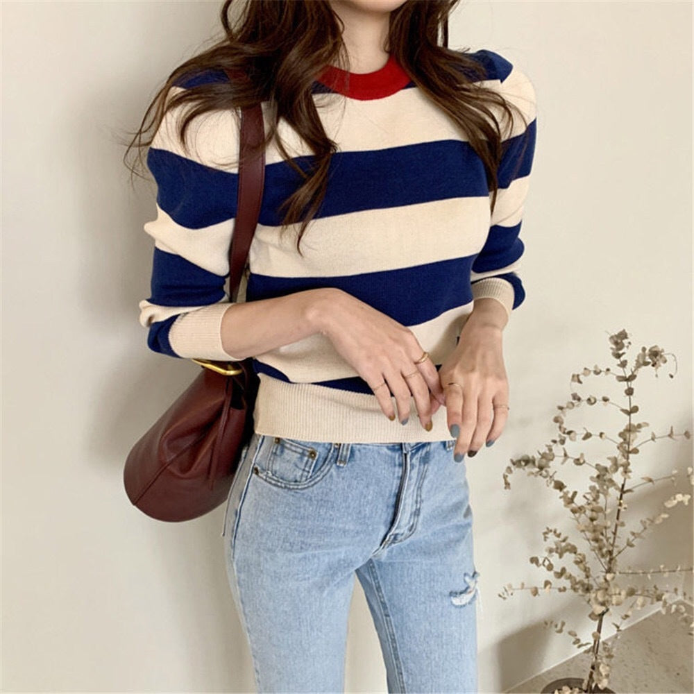 Retro Outer Wear Pullover Horizontal Striped Sweater Women - Stuffs & Savers