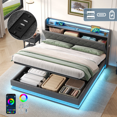 Cadre de lit capitonné King size 150cm avec rangement hydraulique, tête de lit capitonnée LED avec station de recharge et rangement de tête de lit dissimulé, ports USB et Type-C, lin, gris