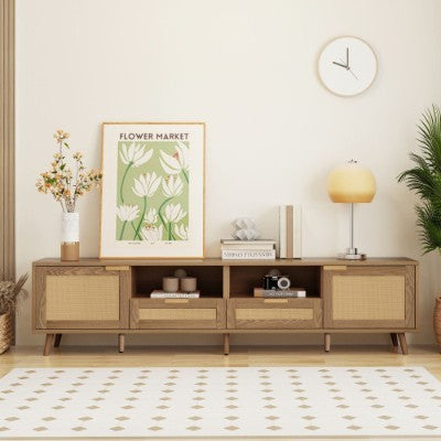 TV Console Table, Up To 90 Inches TV, TV Cabinet With Plastic Rattan Design, TV Cabinet With Solid Wooden Feet, Braided Rattan TV Boards