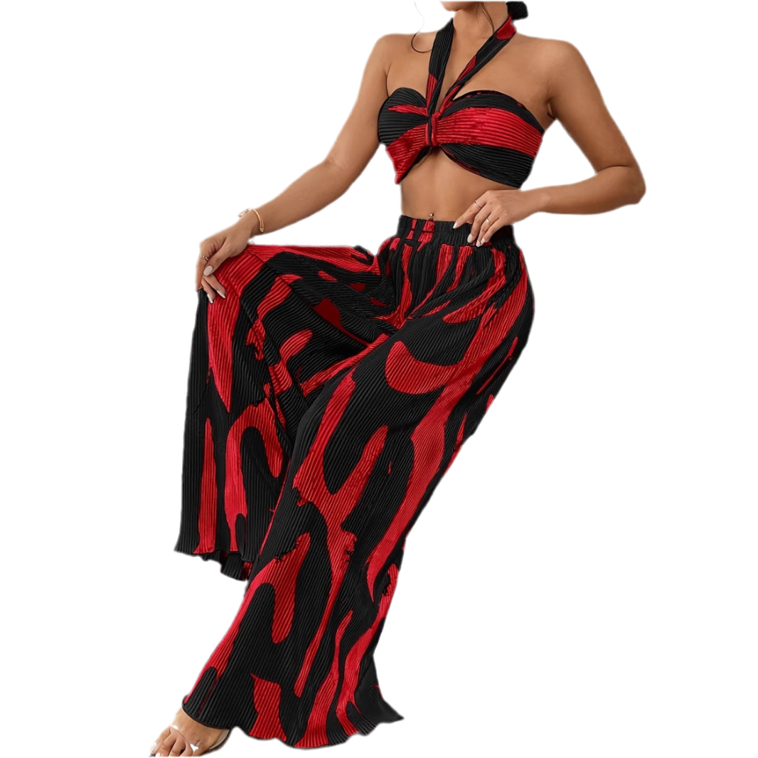 Ensemble haut licou et pantalon large à imprimé flammes – Tenue streetwear audacieuse 2 pièces