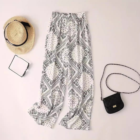 Women's Paisley Print Wide Leg Trousers - Bohemian Casual Pants