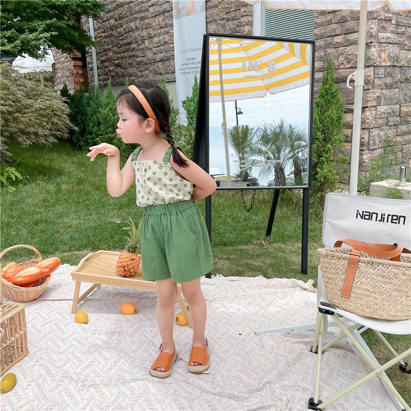 Ensemble deux pièces caraco et short fleuri vert pour fille