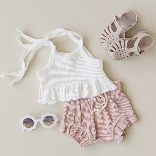 Girls' Baby Knitted Sunken Stripe Stretch Vest Shorts