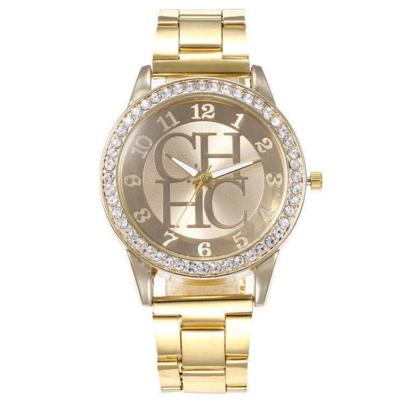 Alloy Diamond-Embedded Men's Wristwatch Fashion Trend Steel Strap Gift Student Watch