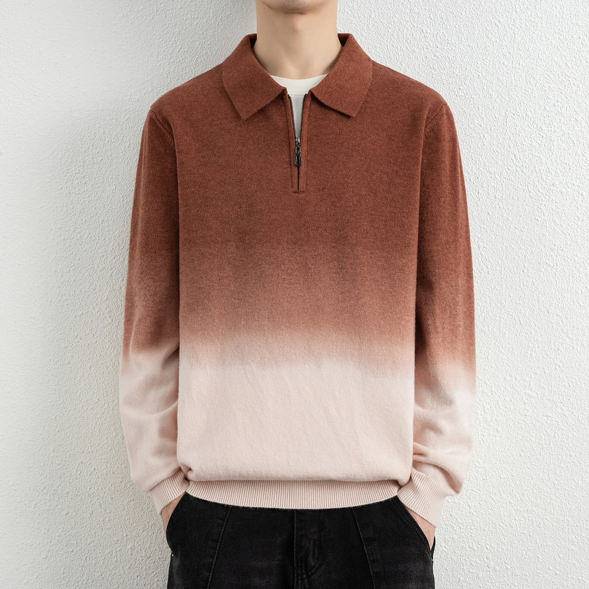 Men's Gradient Half Zip Lapel Collar Relaxed Fit Sweater
