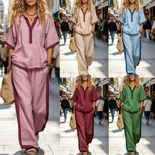 Casual Loose Solid Color Top with V-Neck and Three-Quarter Sleeves Elastic Waist Loose Wide-Leg Pants Solid Color Set for Women