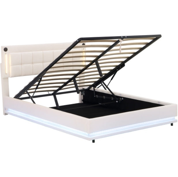 5ft King LED Hydraulic Bed With Charging Station, Adjustable Square Tufted Headboard With Intelligent Control Light, Soft Velvet Bed Frame With USB And Type - C Ports, Beige