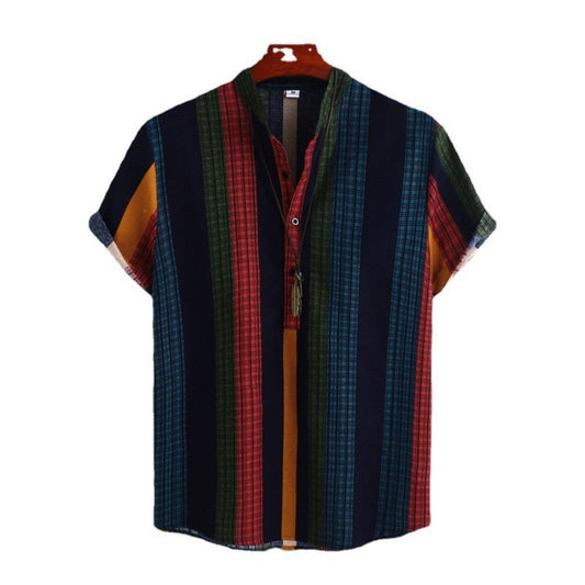 Chemise Homme Col Droit Style Ethnique Rayée Coton-Lin Mode Décontractée Manches Courtes