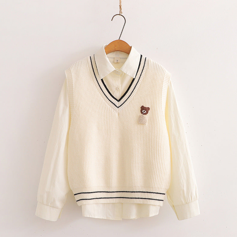 Cardigan en pull chemise brodé ours style marine à manches longues pour femme