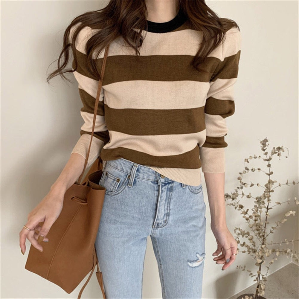 Retro Outer Wear Pullover Horizontal Striped Sweater Women - Stuffs & Savers