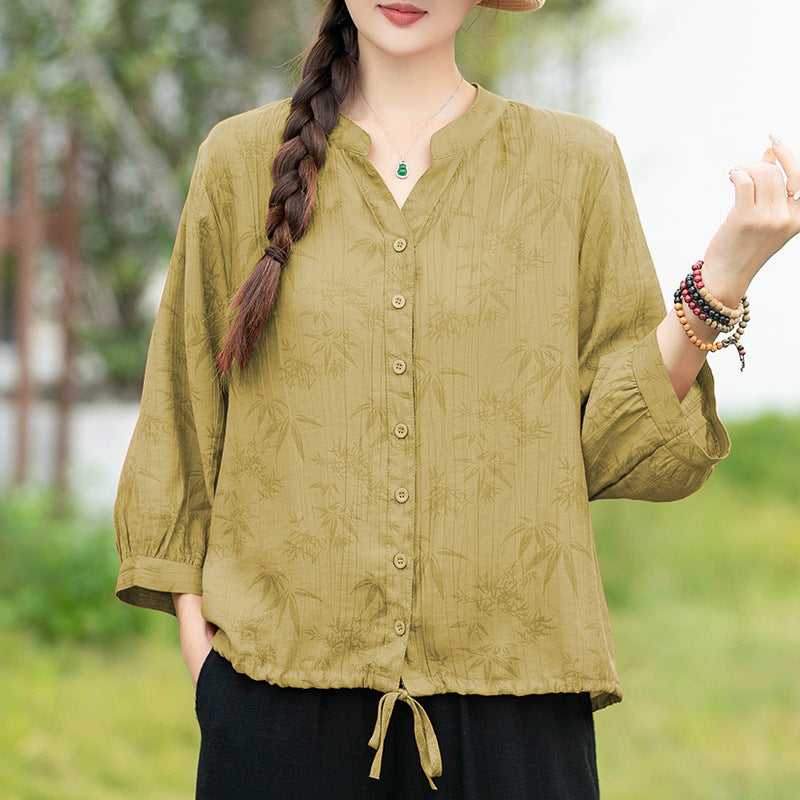 Chemise ample plissée à manches courtes et col en V multicolore