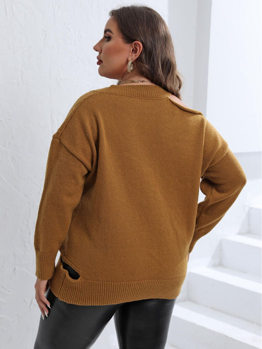 Pull en maille ajourée à col en V grande taille