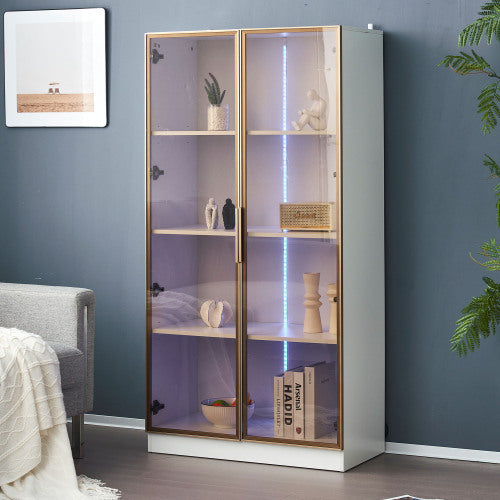 LED Display Cabinet, Clear Display Case For Figures, Storage Shelves With Tempered Glass Door, Storage Cabinet Floor Standing Transparent Showcase 160x80x40 Cm White