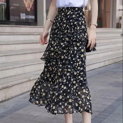Robe longue à volants asymétriques amincissante à la taille