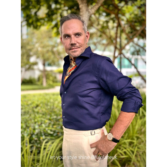 Deep Navy & Beige Regal Paisley Silk Scarf - 65cm Double-sided Print Unisex Square with Hand-rolled Edges