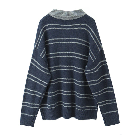 Striped lapel pullover loose knit sweater