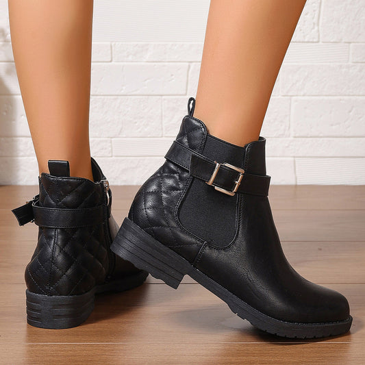 Low Heel Buckle Checkered Leather Boots