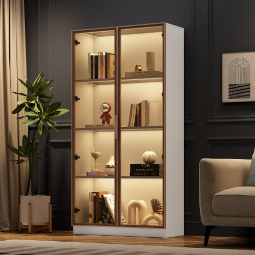 LED Display Cabinet, Clear Display Case For Figures, Storage Shelves With Tempered Glass Door, Storage Cabinet Floor Standing Transparent Showcase 160x80x40 Cm White