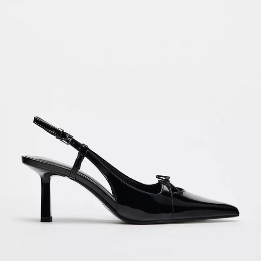Women's Patent Leather Bow Pointed Toe Heeled Sandals