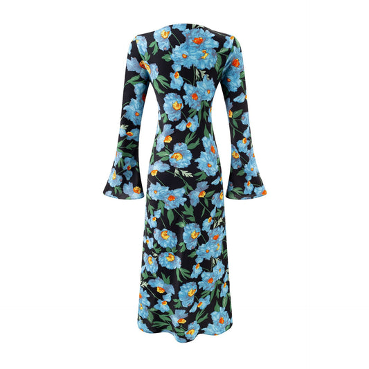 One-Shoulder Flared Long Sleeve Printed Waist-Cinched Dress