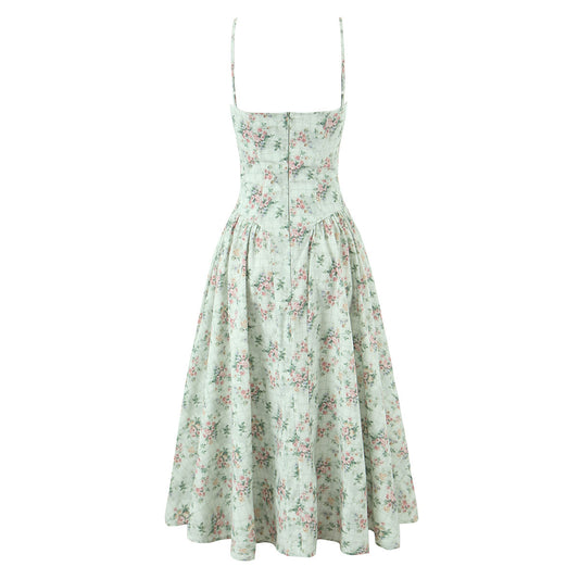 Green Floral Print Pleated Strapless Dress