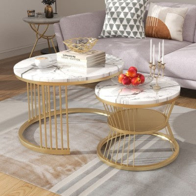 Round Coffee Tables, Removable Set Of 2 End Table, Nesting Tables With Gold Metal Frame Legs And Marble Pattern Top For Living Room, Bedroom, Office, Balcony, Apartment