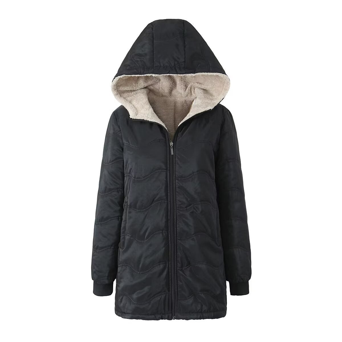 Geometric Wave Hooded Fleece-Lined Jacket