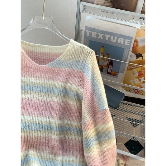 Dopamine Color Stripes Collar Sweater Women