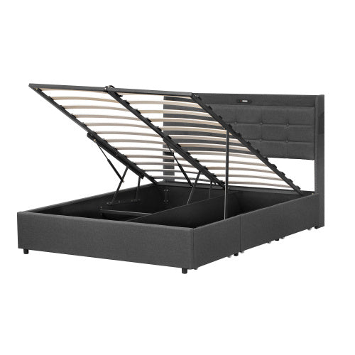5ft King Bed Frame With Hydraulic Storage, Linen Upholstered Bed With Concealed Headboard Storage And Drawers, Button Tufted Headboard With Charging Station And LED Night Light, Grey