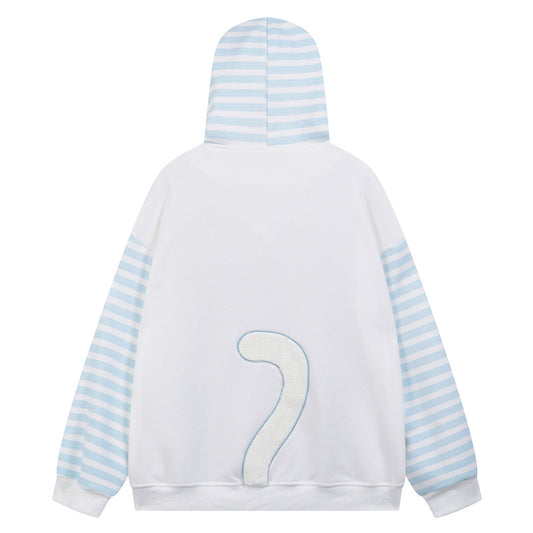 Hooded hoodie with fishbone claw print embroidered fabric striped patchwork jacket