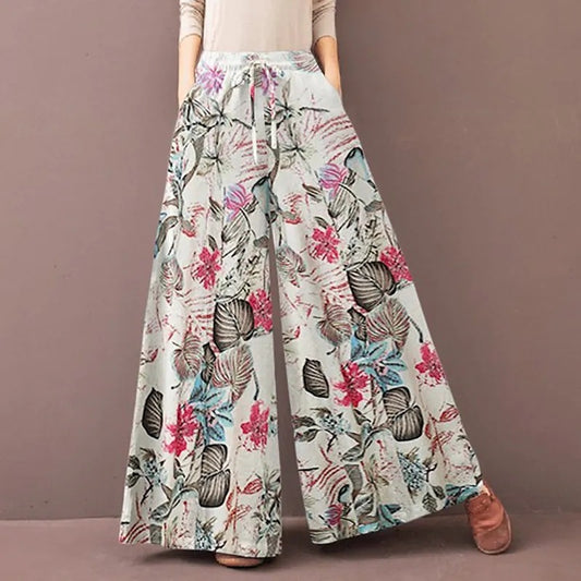Women's Floral Wide Leg Trousers - Elastic Waist Casual Pants