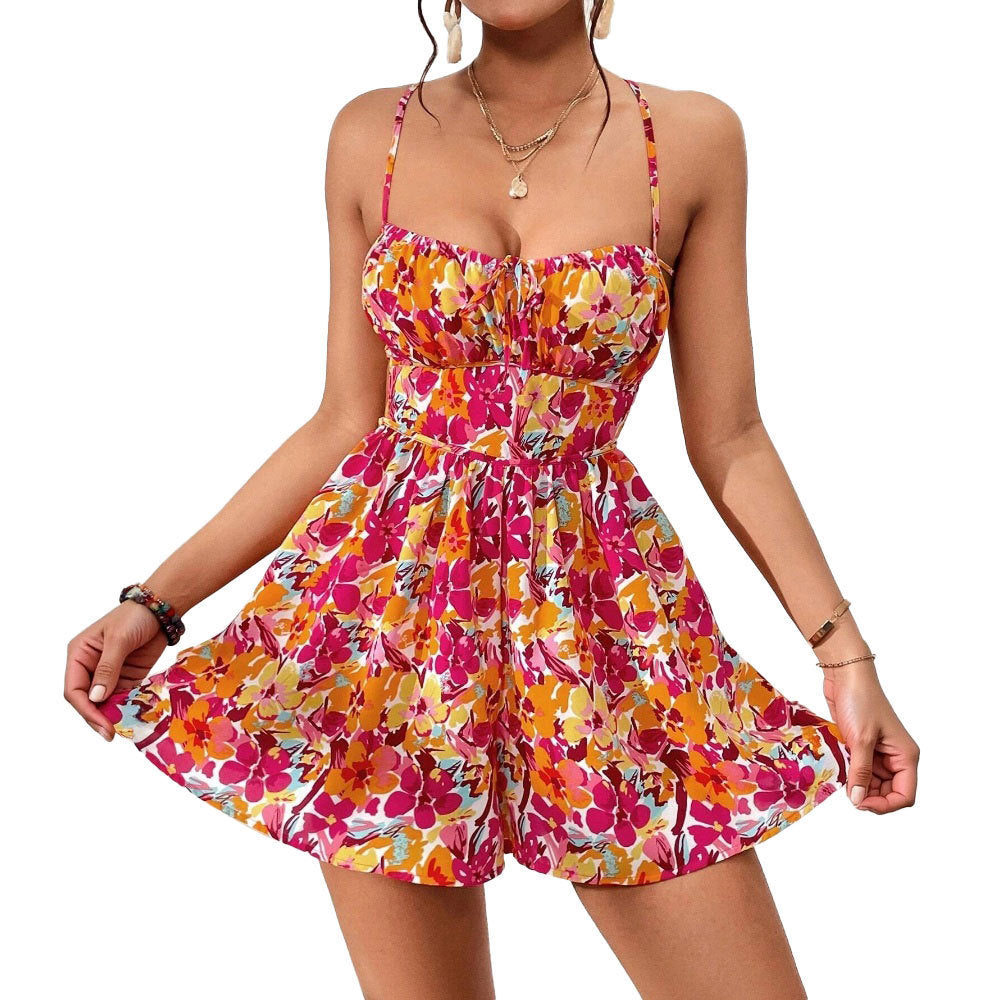 Robe d'été fleurie pour femme, dos lacé, courte, pour les vacances à la mer