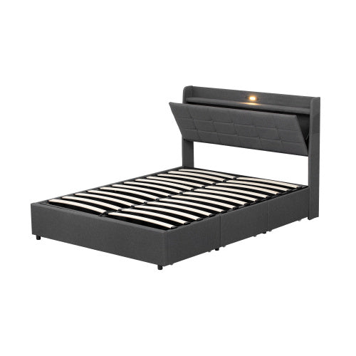 5ft King Bed Frame With Hydraulic Storage, Linen Upholstered Bed With Concealed Headboard Storage And Drawers, Button Tufted Headboard With Charging Station And LED Night Light, Grey
