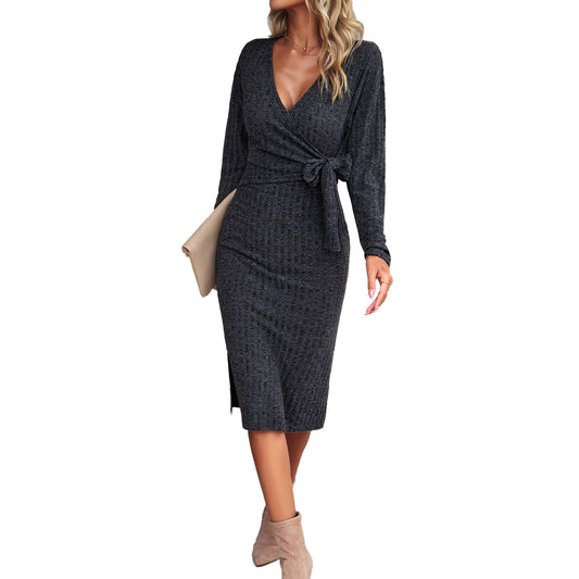 V-neck Long Sleeve Knitted Tied Dress