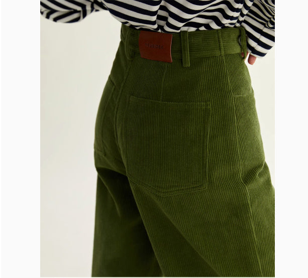 Pantalon droit taille haute slim tout-aller en velours côtelé vert