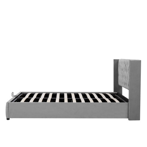Upholstered Bed, With Hydraulic Lever, Functional Bed From Storage, 150 X 200 Cm, Without Mattress, Velvet, Gray