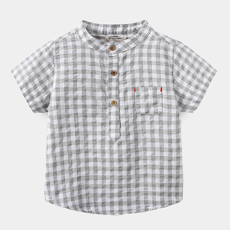 Children's Cotton Blue Short-sleeved Shirt Fashion Casual Short-sleeved Plaid Shirt - Stuffs & Savers