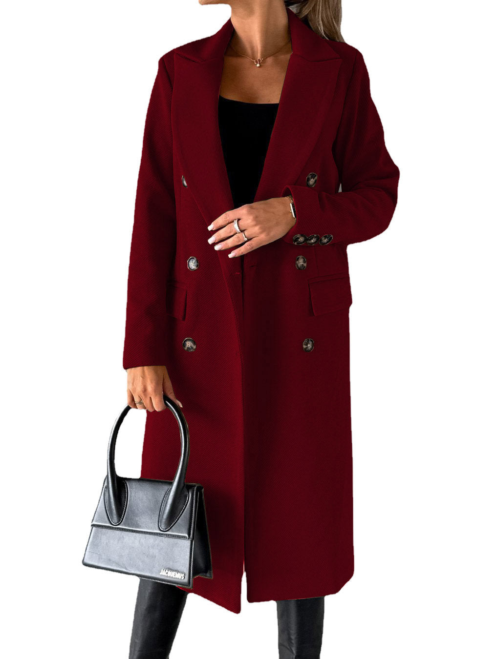 Manteau à revers croisé Mode hivernale Coupe longue ajustée Manches longues Vêtements pour femmes