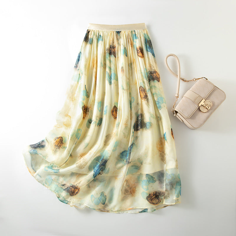 Stylish Lightweight Chiffon Long Skirt with Delicate Peony Print Summer Fashionable Casual Dress