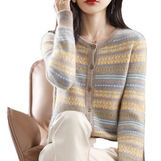 Women's Knitted Cardigan Mixed Color Stripe Contrast Color Jacquard Soft Glutinous Sweater Coat