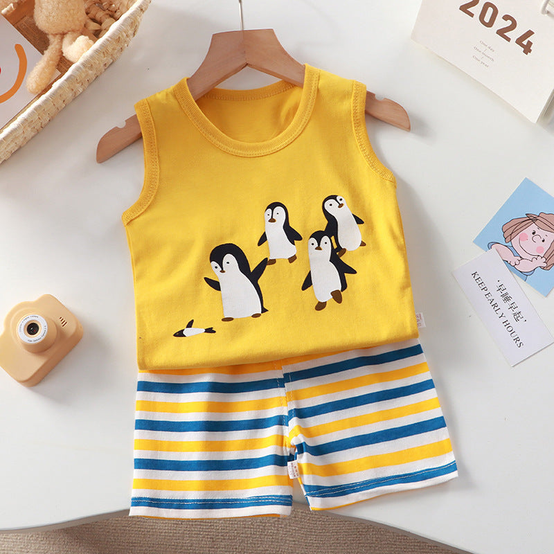 Nouveau gilet costume en coton sans manches pour garçon, ensemble deux pièces, vêtements d'été, vente en gros
