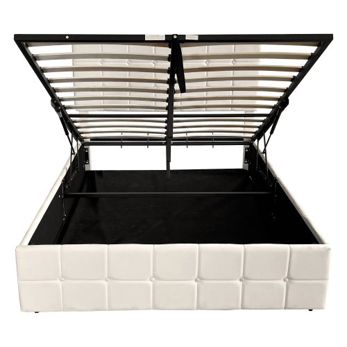 4ft6 Double Upholstered Storage Bed Frame, Velvet Ottoman Bed With Hydraulic Storage, Double Bed With Adjustable Button Tufted Headboard, Metal-Wood Support, No Mattress, Beige