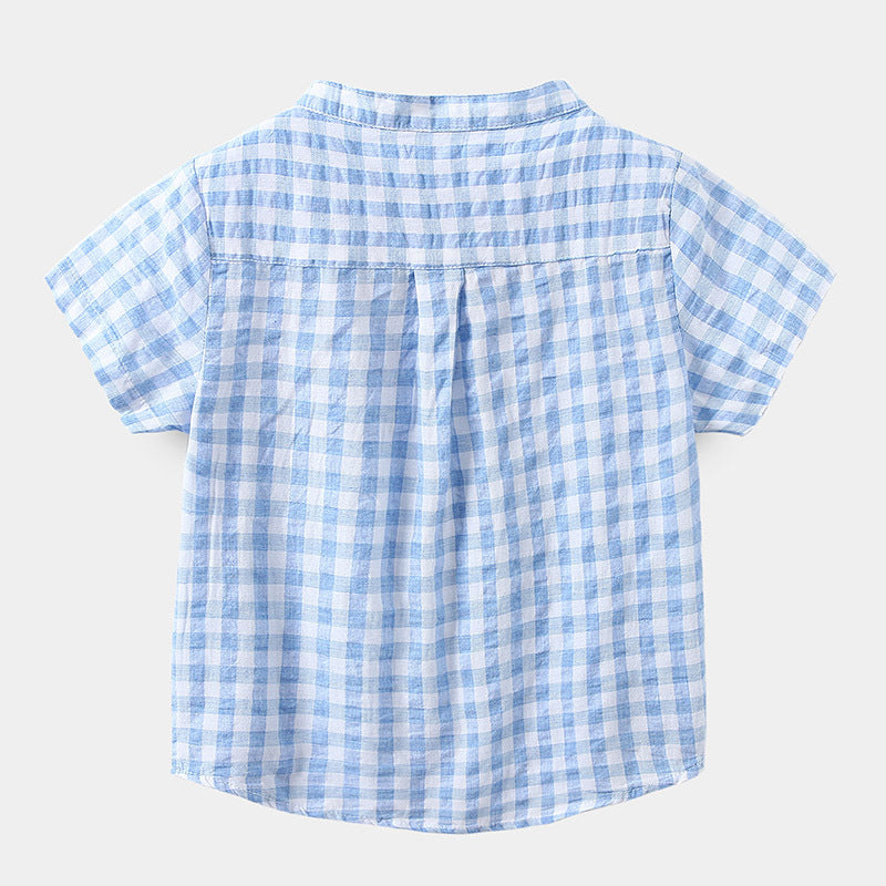 Children's Cotton Blue Short-sleeved Shirt Fashion Casual Short-sleeved Plaid Shirt - Stuffs & Savers