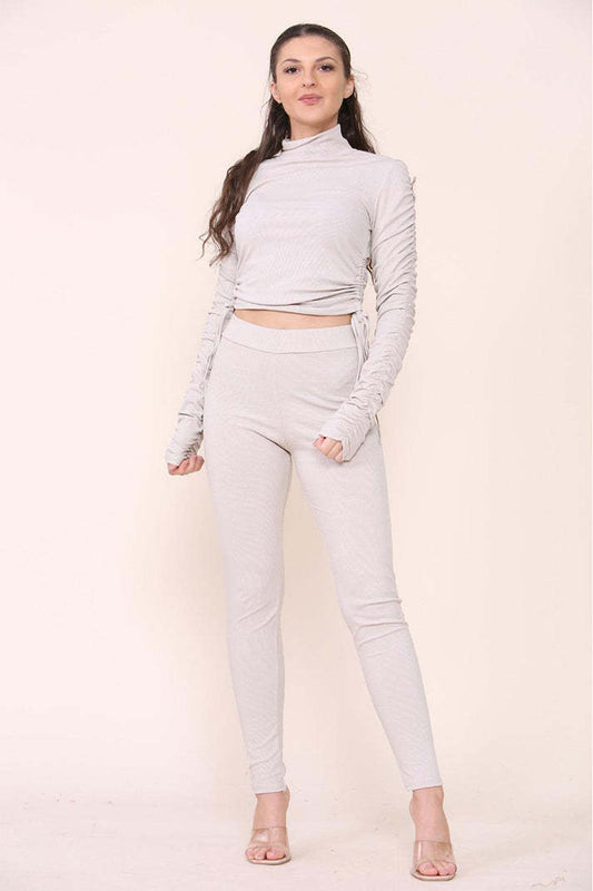 High Neck Drawstrings Ribbed Tee And Leggings Set